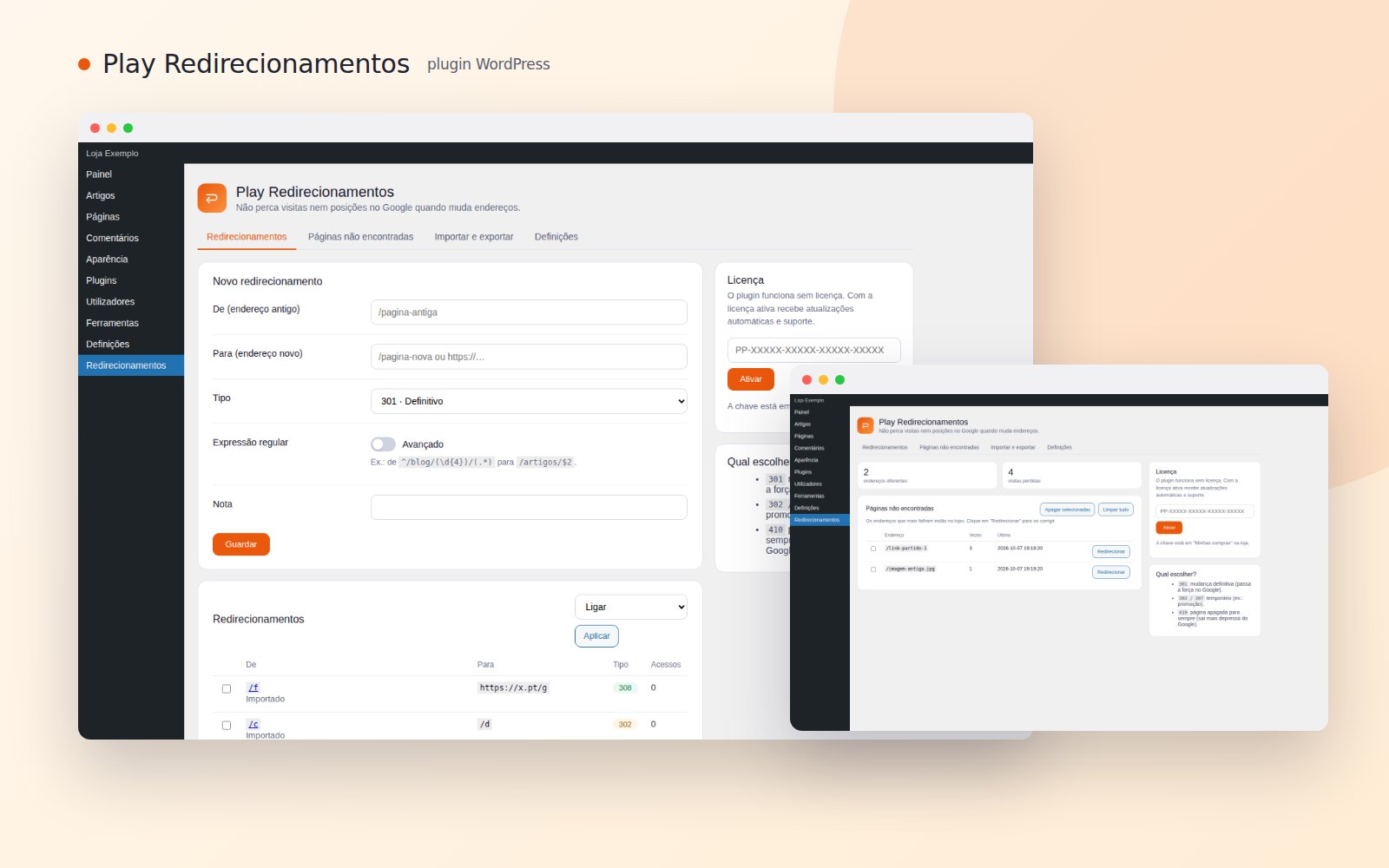 Omni Redirecionamentos — 301 e monitor de 404